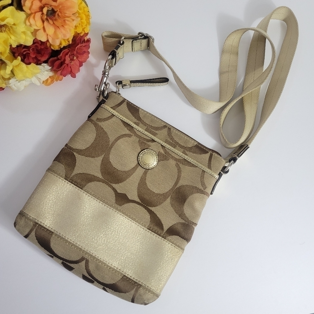 Coach Signature Monogram Tan and Brown Crossbody